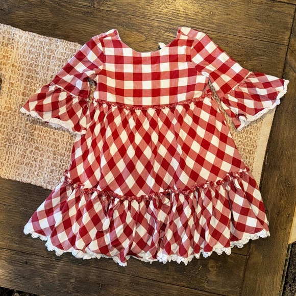 Matilda Jane Rusty Red KASSIDY Flannel Plaid Bell Sleeve Dress Crochet Accents 8 - Picture 3 of 7